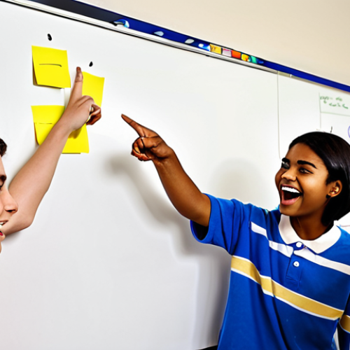 **A group of diverse teenagers enthusiastically brainstorming around a whiteboard filled with colorful sticky notes and diagrams. The atmosphere is energetic and collaborative, with teenagers pointing, gesturing, and laughing. Focus on conveying a sense of teamwork and creative idea generation using the "brainstorming" method.**