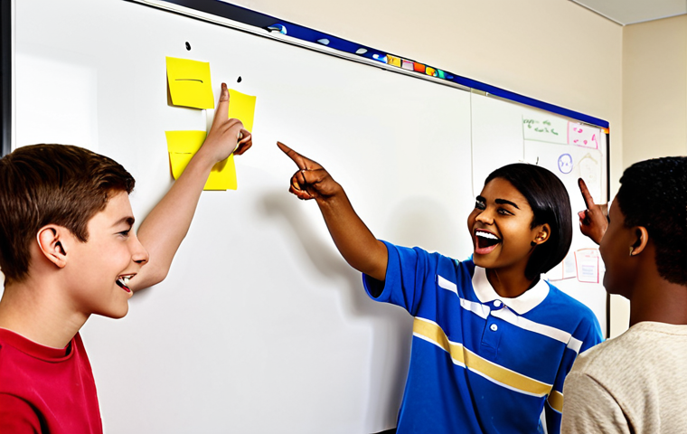 **A group of diverse teenagers enthusiastically brainstorming around a whiteboard filled with colorful sticky notes and diagrams. The atmosphere is energetic and collaborative, with teenagers pointing, gesturing, and laughing. Focus on conveying a sense of teamwork and creative idea generation using the "brainstorming" method.**
