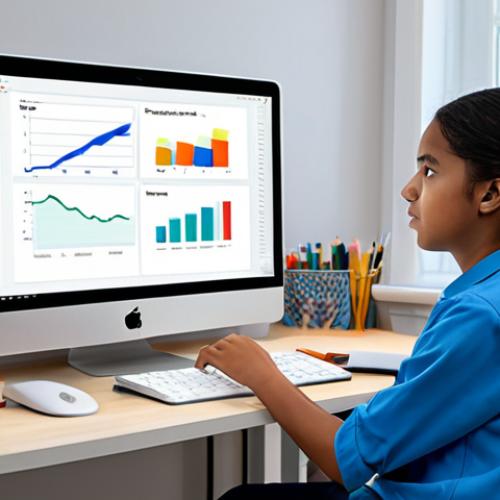 A focused young student, fully clothed in modest, comfortable student attire, sitting at a modern desk in a well-lit home study space. On the computer screen, interactive e-learning content is displayed: a vibrant science animation, an engaging quiz interface, and a graph showing personalized progress. A parent is subtly visible in the background, observing supportively. The scene emphasizes personalized and interactive digital learning. Professional photography, high quality, vibrant colors, clear focus, safe for work, appropriate content, fully clothed, professional, perfect anatomy, correct proportions, natural pose, well-formed hands, proper finger count, natural body proportions.