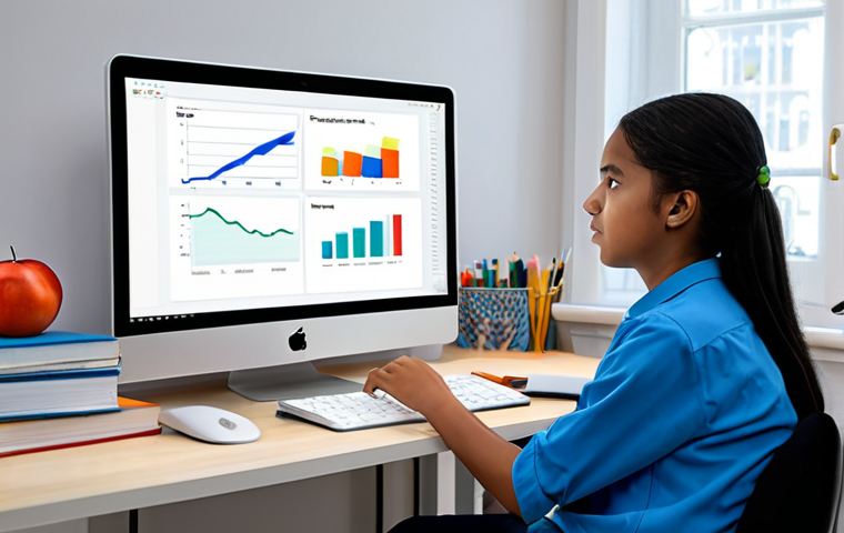 A focused young student, fully clothed in modest, comfortable student attire, sitting at a modern desk in a well-lit home study space. On the computer screen, interactive e-learning content is displayed: a vibrant science animation, an engaging quiz interface, and a graph showing personalized progress. A parent is subtly visible in the background, observing supportively. The scene emphasizes personalized and interactive digital learning. Professional photography, high quality, vibrant colors, clear focus, safe for work, appropriate content, fully clothed, professional, perfect anatomy, correct proportions, natural pose, well-formed hands, proper finger count, natural body proportions.