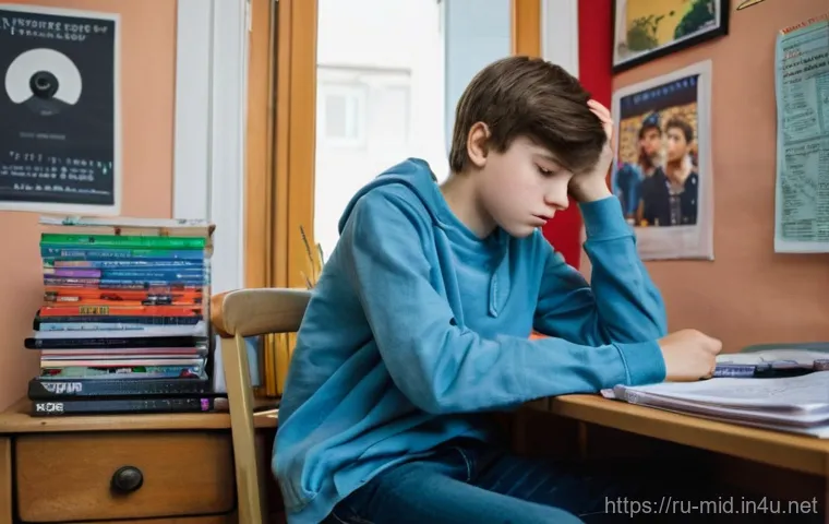 중학교 학습 효과 분석 - **Prompt:** A 15-year-old Russian teenager, looking contemplative and slightly overwhelmed, sits at ...