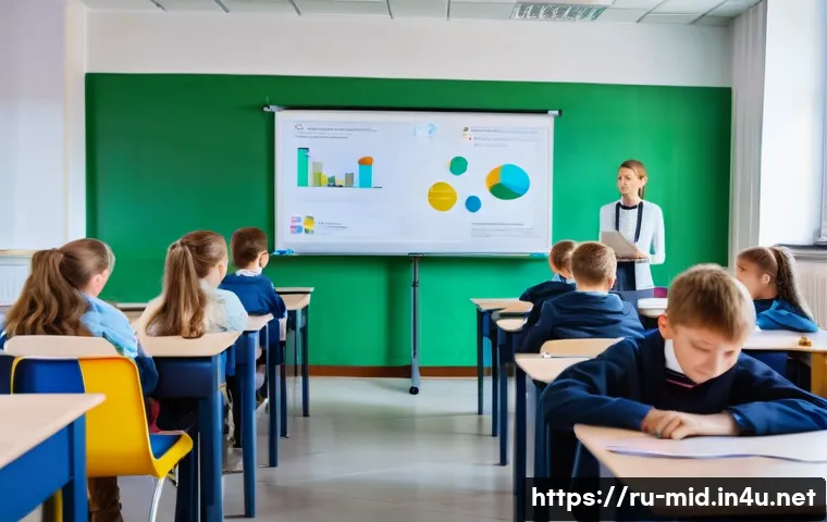 중학교 교사 평가 기준 - A professional Russian school teacher standing confidently in a modern classroom in Moscow, using a ...