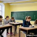 중학교 탐구 학습 - A focused classroom scene showing a diverse group of Russian high school students engaged in a resea...
