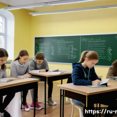 중학교 탐구 학습 - A focused classroom scene showing a diverse group of Russian high school students engaged in a resea...