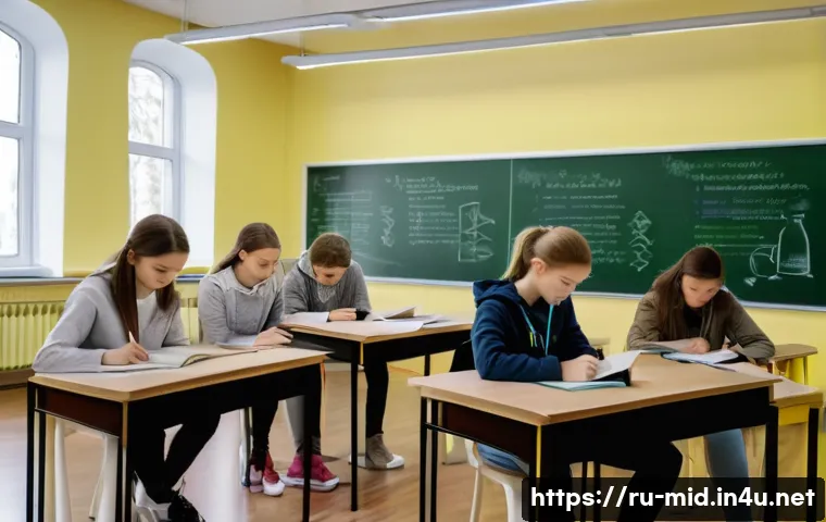 중학교 탐구 학습 - A focused classroom scene showing a diverse group of Russian high school students engaged in a resea...