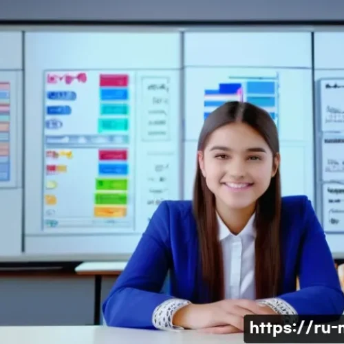 중학교 교육 영상 제작 - A modern educational video studio scene showing a young female teacher standing confidently in front...