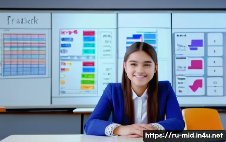 중학교 교육 영상 제작 - A modern educational video studio scene showing a young female teacher standing confidently in front...