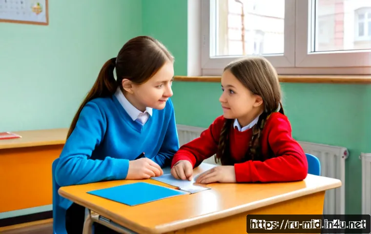Home 17 중학교 학습 장애 학생 지도 - Photorealistic inclusive middle school classroom in Russia, a patient female teacher quietly giving ...